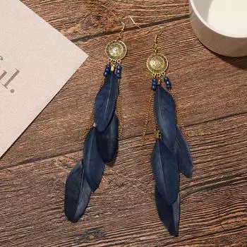 Длинные серьги-перья в стиле бохо, дорожный аукцион, серьги с бахромой, персонализированные модификационные аксессуары для лица, украшения для ушей из провинции Юньнань темно-синий