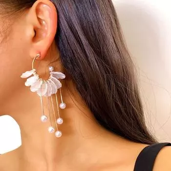 Длинные серьги с кисточками в стиле ретро с жемчугом и цветком для девочек, элегантные золотые серьги-подвески, свадебные украшения, аксессуары