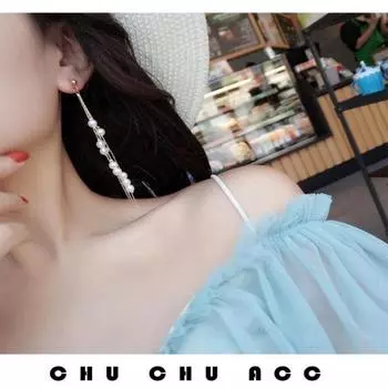 Длинные серьги с корейским жемчугом и кисточками золотистый