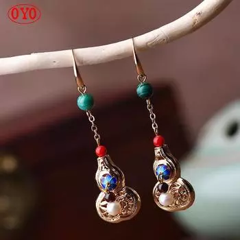 Длинные серьги с малахитом из серебра 925 пробы с жемчугом, серьги в этническом стиле с позолотой 14 карат, серьги из тыквы