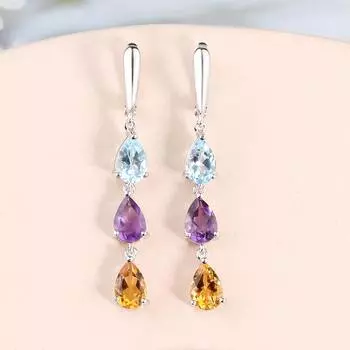 Длинные серьги с разноцветными натуральными камнями, небесно-голубой топаз, аметист и цитрин, ювелирные изделия из серебра 925 пробы, женский подарок на годовщину L серебряный