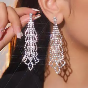 Длинные серьги со стразами в геометрическом стиле, модные блестящие серьги, свадебные серьги, женские серьги, 1 пара