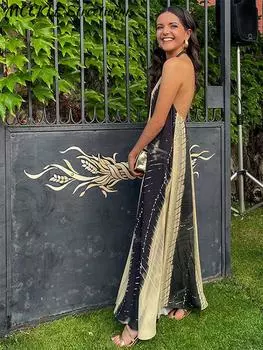 Длинные шикарные макси-платья с открытой спиной и принтом, женские платья без рукавов с лямкой на шее, летние каникулы, женский халат S