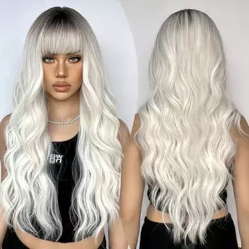 Длинные синтетические парики Ombre Blonde, натуральный волнистый парик с челкой для повседневного использования, мягкие высокотемпературные волокна, вечеринка, косплей