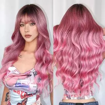 Длинные синтетические парики Ombre Pink, волнистый розовый парик с челкой для вечеринок и повседневного использования, мягкие реалистичные искусственные волосы, термостойкое волокно