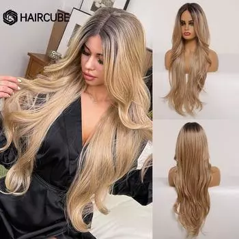 Длинные синтетические передние парики на шнурке, темные корни, омбре, блондинка, волнистые с волосами ребенка, термостойкие парики на шнурке высокой плотности для женщин