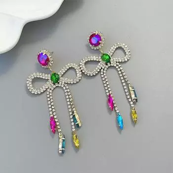Длинные стильные серьги с кисточками с милым бантом, женские роскошные металлические серьги с цветными бриллиантами, женские подарки на день рождения, подвески, серьги с кристаллами зелёный