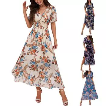 Длинные струящиеся платья Omen s Bohemian с V-образным вырезом и короткими рукавами, приталенные летние платья с цветочным принтом M бежевый