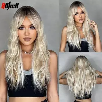 Длинные светлые синтетические парики с эффектом омбре, челка, естественная волна, повседневный парик для косплея, волосы для чернокожих женщин, вечерние парики в стиле Лолиты, термостойкое волокно Wig-LC2007-1