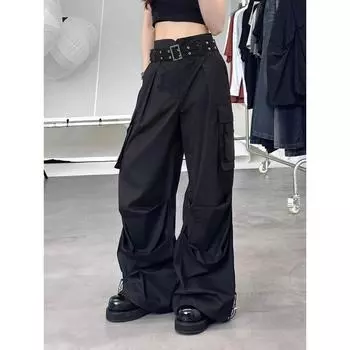 Длинные свободные брюки-джоггеры с боковым карманом с клапаном y2k, черные брюки, летняя одежда, брюки-карго с высокой талией, готические брюки-карго в стиле Харадзюку, панк S чёрный