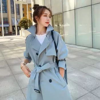 Длинные тренчи в британском стиле, классическая двубортная ветровка, элегантные женские свободные пальто XL синий