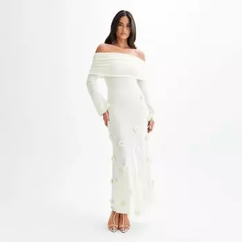 Длинные трикотажные платья с открытыми плечами, элегантные пляжные платья макси с цветами, модные облегающие вечерние платья 2025 года, новинка весны, женское вечернее платье S белый