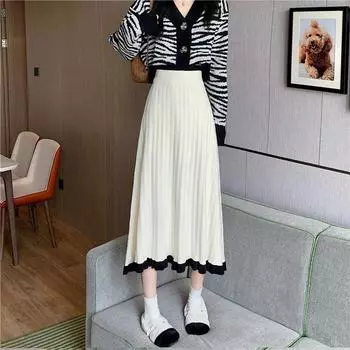 Длинные трикотажные юбки женские элегантные осенние лоскутные складки женские юбки в корейском стиле S бежевый