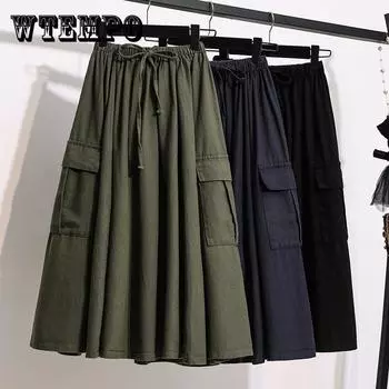 Длинные юбки больших размеров, плиссированная юбка-миди, летняя женская пляжная эластичная талия, элегантные повседневные юбки, женская осенняя плиссированная юбка M армия зеленый