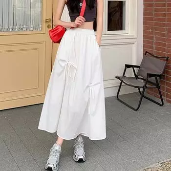 Длинные юбки с бантом на шнурке для женщин, летняя эластичная талия, юбка-зонтик трапециевидной формы, повседневная модная одежда в корейском стиле Y2k S чёрный