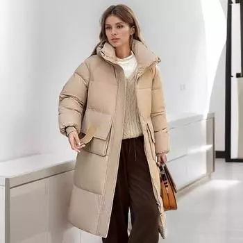 Длинные утепленные женские зимние куртки с утеплителем до колен, свободные и утолщенные хлопчатобумажные куртки с капюшоном стали еще популярнее. M белый