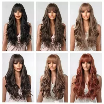 Длинные вьющиеся волосы Популярные пушистые парики Парик Челка на всю голову Цвет натуральный и длинный парик 66cm