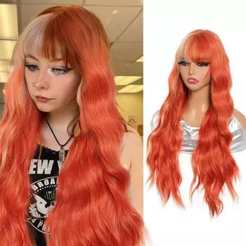 Длинные вьющиеся волосы синтетический парик женский модный пушистый мягкий оранжевый и золотой двойной цвет прямые челки длинные вьющиеся волосы парик 70CM