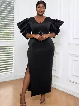 Длинные вечерние черные платья для женщин с короткими рукавами с рюшами плиссированные облегающие платья с высокой талией и разрезом Вечерние платья для летних ночных свиданий S чёрный
