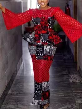 Длинные вечерние платья AOMEI с принтом для женщин, сетчатые ажурные лоскутные платья с круглым вырезом и рюшами, прозрачные винтажные стильные платья для торжеств в стиле ретро