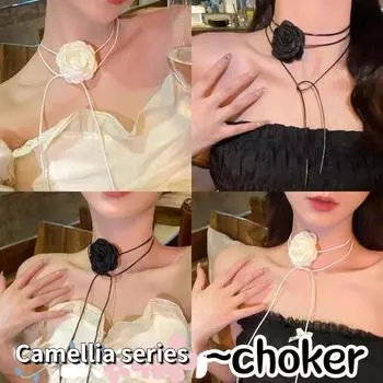 Длинные веревочные цепочки с большим цветочным колье для женщин, черно-белый романтический тканевый воротник, украшения на шею, аксессуары красный