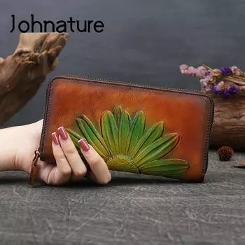 Длинные винтажные кошельки Johnature с тиснением, женские сумки из натуральной кожи, женские клатчи из натуральной яловой кожи, кошелек с цветочным принтом, держатель для карт темно-синий