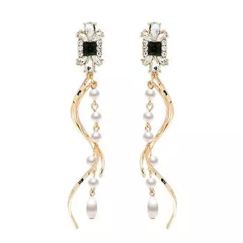 Длинные висячие серьги-гвоздики со стразами и кисточкой из искусственного жемчуга в виде спирали золотистый