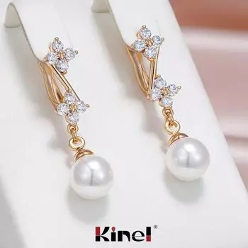 Длинные висячие серьги Kinel с блестящим цирконием и жемчугом для женщин, ювелирные украшения цвета розового золота, подарок