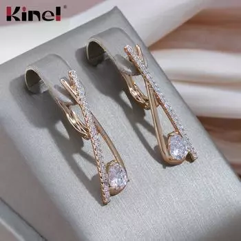 Длинные висячие серьги Kinel с каплями воды и цирконием для женщин, элегантные ювелирные изделия цвета розового золота