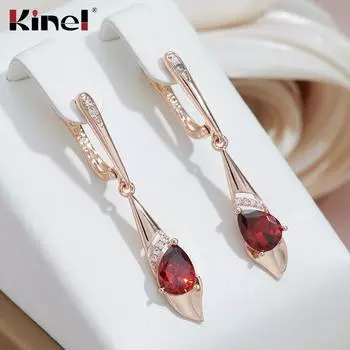 Длинные висячие серьги Kinel с красным цирконием для женщин, розовое золото, праздничные вечерние ювелирные украшения