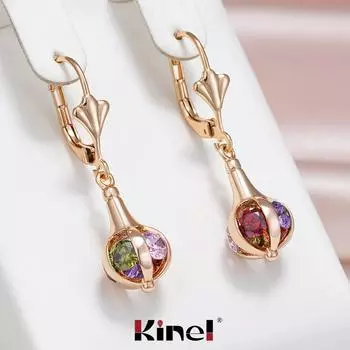Длинные висячие серьги Kinel с разноцветным цирконием для женщин, роскошные свадебные украшения цвета розового золота для невесты розового золота