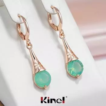 Длинные висячие серьги Kinel с зеленым цирконием для женщин, роскошные ювелирные изделия цвета розового золота, подарки для девочек, аксессуары розового золота