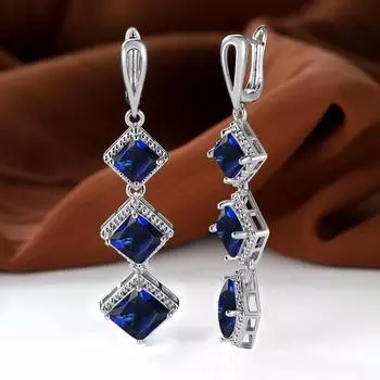 Длинные висячие серьги-крючки с синим камнем принцессы, цвет серебра, желтого золота, квадратной огранки, кольцо для невесты, обручальные украшения синий/золотой