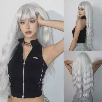 Длинные волнистые белые синтетические парики для женщин, кудрявый парик с челкой, белые искусственные волосы для вечеринки, косплея, термостойкое волокно