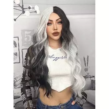 Длинные волнистые черно-белые синтетические парики Ombre для женщин, термостойкие натуральные средние части, косплей, вечерние парики в стиле Лолиты, повседневные волосы TB099-4
