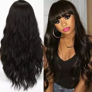Длинные волнистые парики для чернокожих женщин Афро-американские парики из синтетических волос с челкой Термостойкий парик