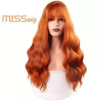 Длинные волнистые парики для чернокожих женщин, синтетические волосы, оранжево-коричневые парики с челкой, термостойкий парик