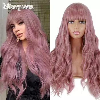 Длинные волнистые парики MERISIHAIR с челкой для женщин, черный, коричневый, фиолетовый, розовый, синий, длинный волнистый парик из синтетического волокна 26inches