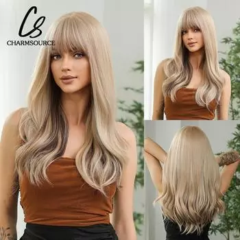 Длинные волнистые парики Ombre от черного до светлого цвета для женщин, парик с челкой, повседневная вечеринка, косплей, термостойкая натуральная повязка на голову