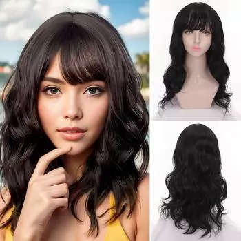 Длинные волнистые парики с челкой для женщин, термостойкое волокно, синтетические вьющиеся парики для ежедневного использования