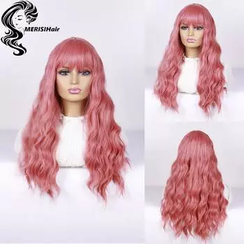 Длинные волнистые пастельные розовые парики MERISIHAIR с челкой, синтетический длинный парик с розовой челкой для женщин, термостойкий парик для косплея