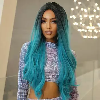 Длинные волнистые синие синтетические парики с эффектом омбре для чернокожих женщин. Цветной парик для косплея. Средняя часть объемных волн. Парики из натуральных волос. Тепло… коричневый