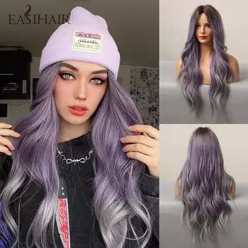 Длинные волнистые синтетические парики для женщин от фиолетового до пепельно-серого цвета с омбре, косплей, повседневный парик для волос, термостойкий