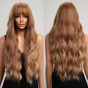 Длинные волнистые синтетические парики с челкой, натуральный рыжий коричневый свободный вьющийся волнистый парик для черно-белых женщин, термостойкий, на каждый день LC8170-1