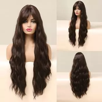 Длинные волнистые синтетические парики с челкой, натуральные черные, темно-коричневые парики для косплея для женщин, афро-термостойкие