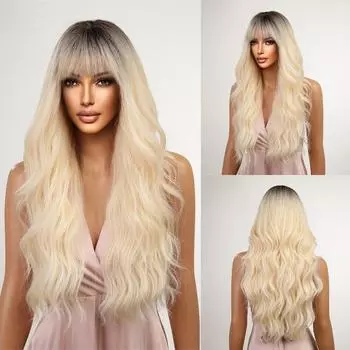 Длинные волнистые синтетические парики Светло-золотистый блондин парик с омбре с челкой Парики с естественной волной для женщин Повседневный косплей термостойкие волосы