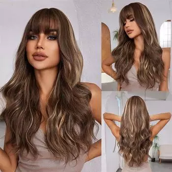 Длинные волосы, парик из волокна, женский парик с прямой челкой, химический парик, женская мода, волосы на всю голову, натуральные длинные вьющиеся 66cm