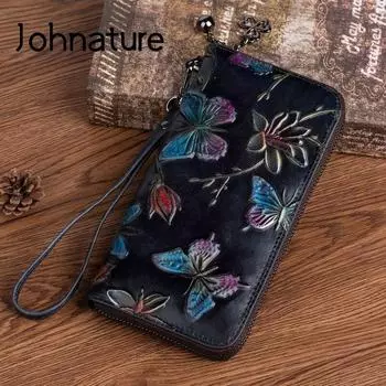 Длинные женские кошельки Johnature из натуральной кожи с тиснением, винтажный большой кошелек-клатч с ручной росписью и держателем для карт, кошелек для телефона чёрный