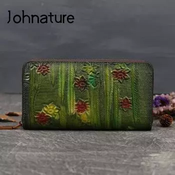 Длинные женские кошельки Johnature с тиснением в стиле ретро, новый кошелек из натуральной кожи с держателем для карт, большой кошелек ручной работы для отдыха