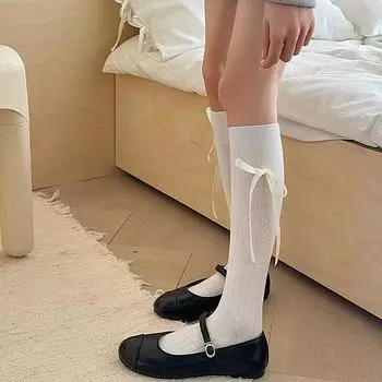 Длинные женские носки однотонные с бантом милые гольфы женские тонкие мягкие милые женские чулки в полоску удобные белый